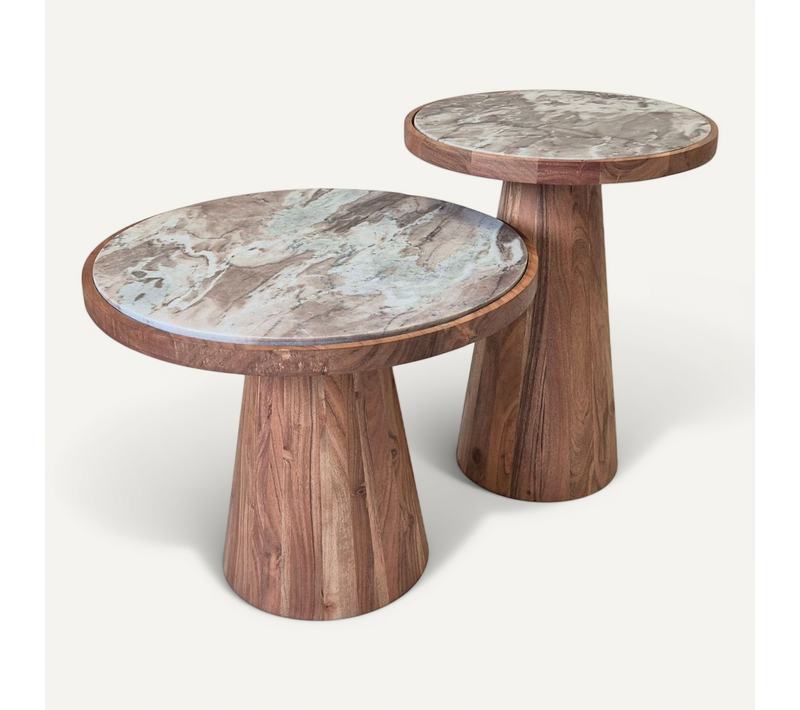 Lot De 2 Tables Basses Rondes Base En Acacia Avec Plateau Supérieur En Marbre - Nestia
