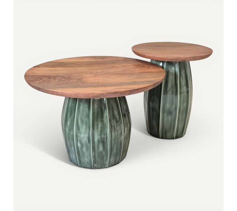 Lot De 2 Tables Basses Rondes Plateau En Acacia Et Pied Central En Acier émaillé Vert - Jade