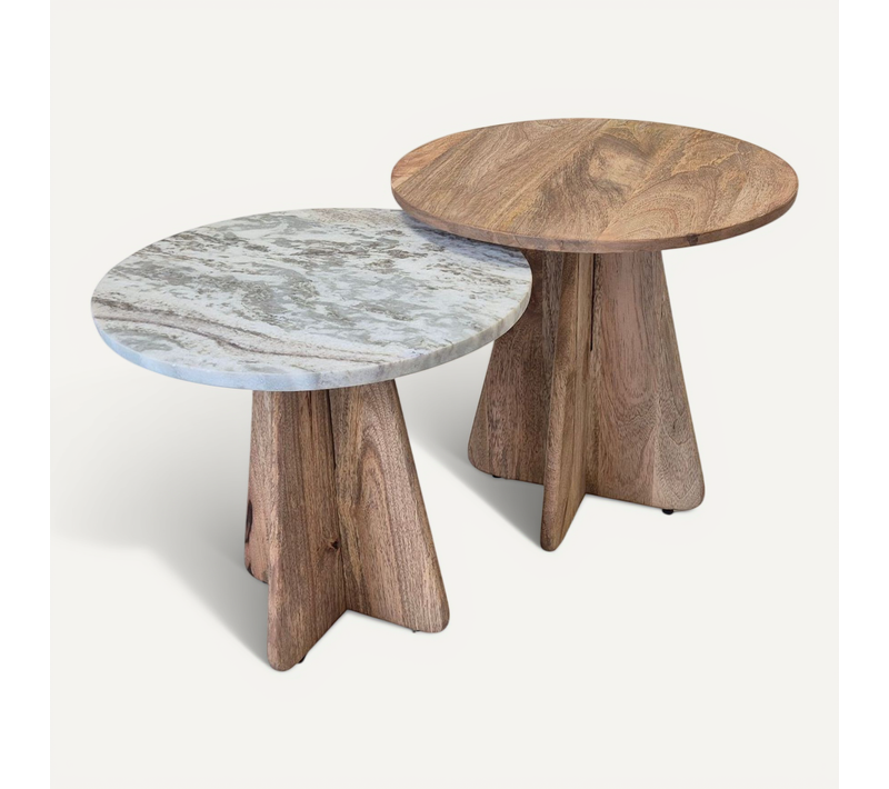 Lot 2 De Tables Basses Rondes Plateaux Acacia Et Marbre Pieds Centraux En Acacia - Oasis