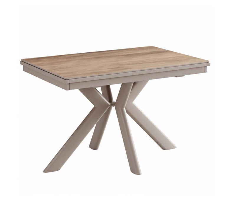 Table Repas 120x80cm Allongeable Plateau En Verre Et Céramique Finition Chêne Pied Étoile Sable