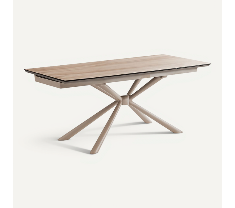 Table Repas 180x90cm Allongeable Plateau En Verre Et Céramique Finition Chêne Pied Étoile Sable