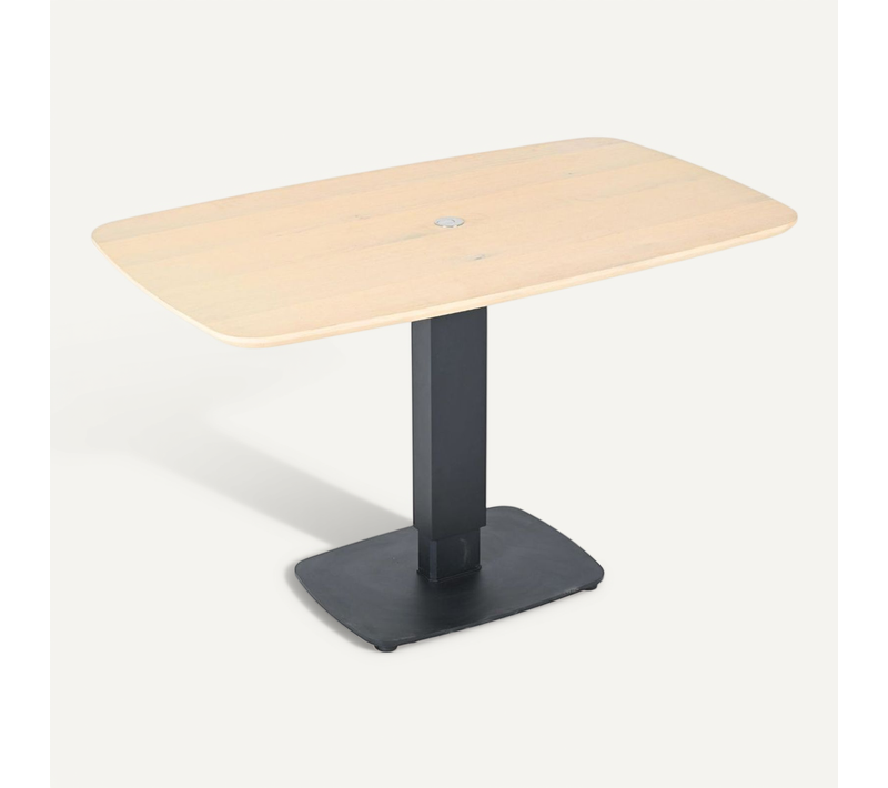 Table Repas Réglable En Hauteur Plateau Mdf Placage Chêne Pied Central En Métal Laqué Noir - Elevia