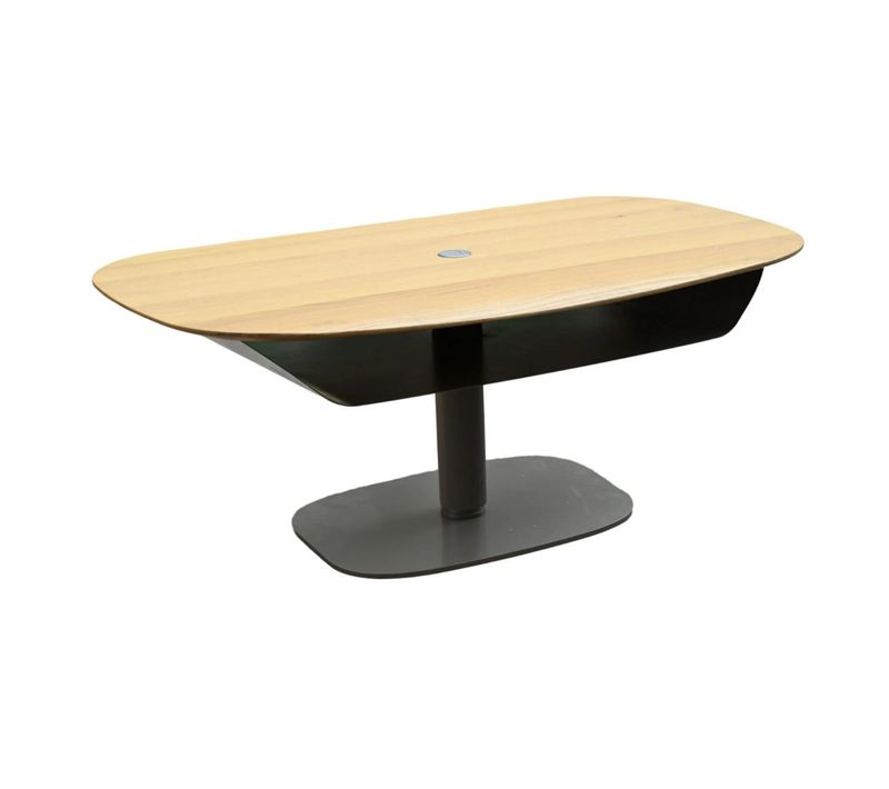 Table Basse Réglable En Hauteur Plateau Mdf Placage Chêne Pied Central En Métal Laqué Noir - Elevia