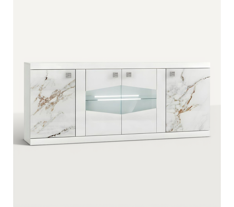 Buffet 4 Portes Avec LEDs Et Portes Centrales Vitrées Laqué Blanc Et Imitation Marbre - Etolis