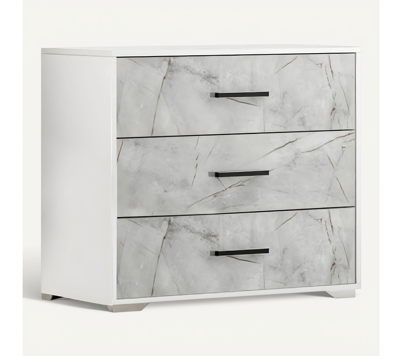 Commode 3 Tiroirs Laqué Blanc Et Imitation Marbre - Genesis