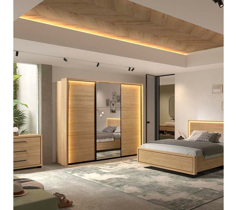 Chambre Complète Lit 180x200cm Avec éclairage LED + 2 Chevets + Commode + Armoire Aspect Bois Et No