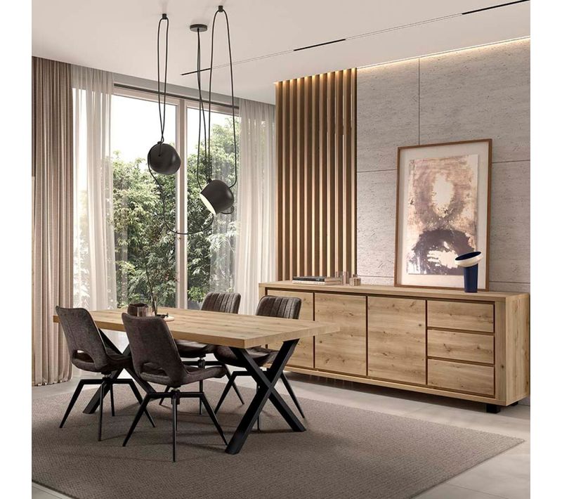 Ensemble Séjour Table Repas 230cm Piètement X + Buffet Aspect Bois Finition Hudson Oak - Uridson