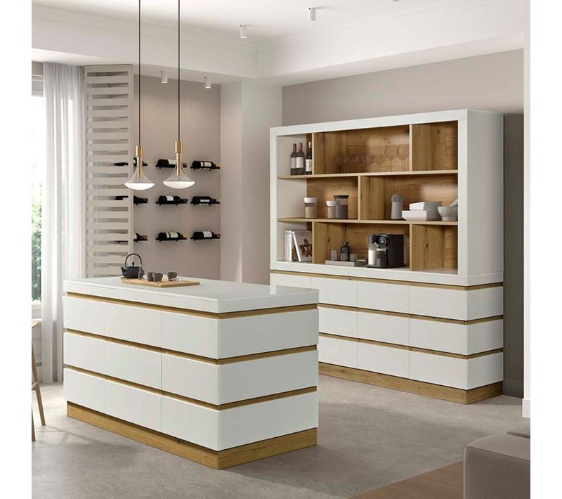 Ensemble Meuble De Cuisine + Ilot Finition Blanc Et Bois - Dualis