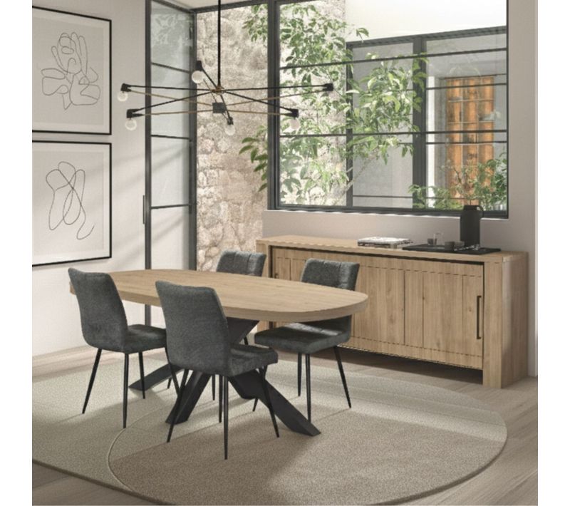 Ensemble Séjour Table Repas Ovale Pied étoile + Buffet Aspect Bois Finition Castel Oak - Soriel