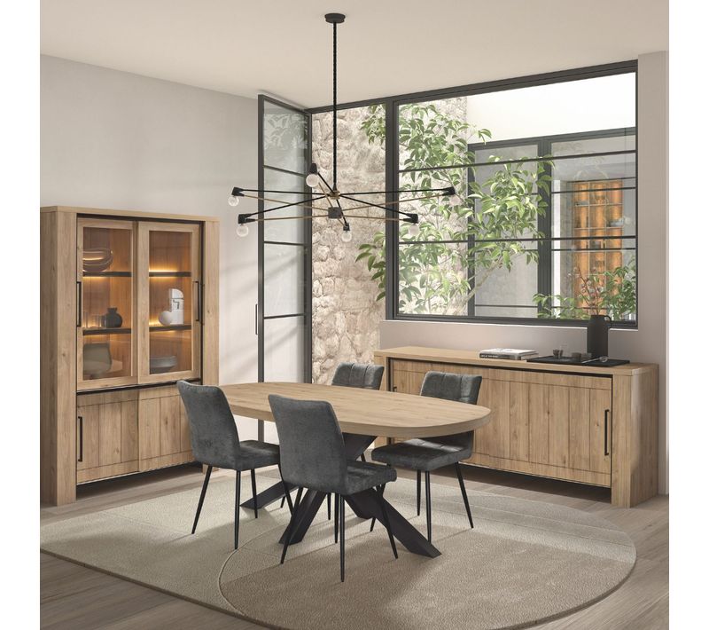 Ensemble Séjour Table Repas Ovale Pied étoile + Buffet Et Argentier Aspect Bois Finition Castel Oak