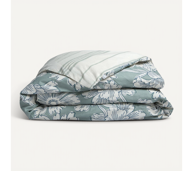 Housse De Couette 140x200cm Coton Imprimé Recto Floral Verso Rayé Vert Sauge Et Blanc - Tamia