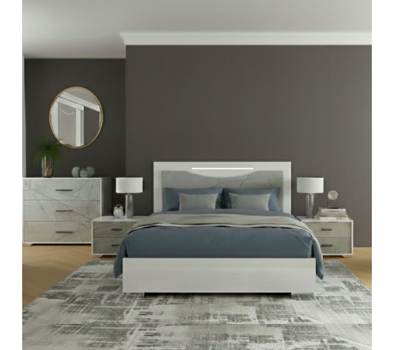 Ensemble Lit 140x190cm + 2 Chevets + Commode Blanc Et Imitation Marbre - Genesis