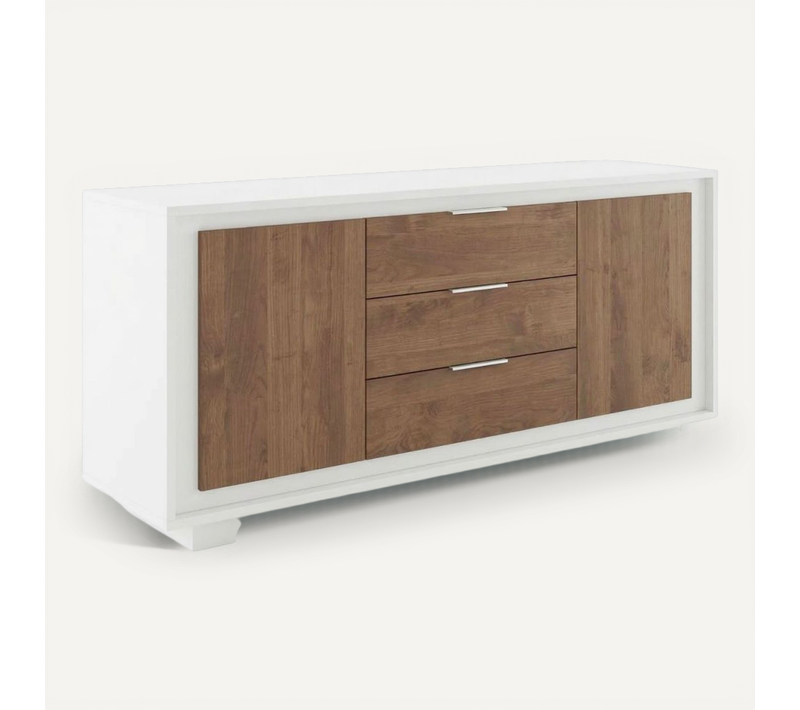 Buffet 2 Portes 3 Tiroirs Blanc Laqué Façades Aspect Bois Finition Mercure Piètement Socle - Azonto