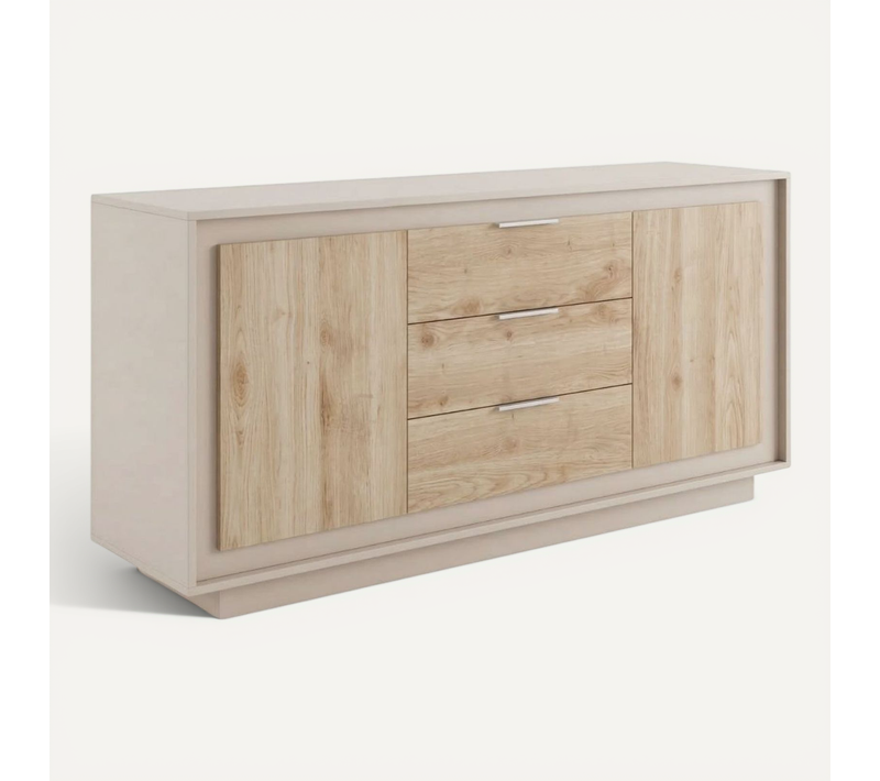 Buffet 2 Portes 3 Tiroirs Beige Poudré Façades Aspect Bois Finition Cadiz Piètement Socle - Azonto