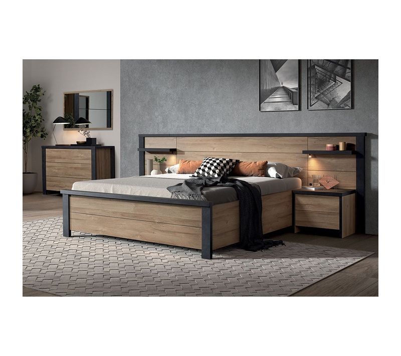 Chambre 180x200cm + Tête De Lit Avec LEDs + Chevets + Commode - Siwa
