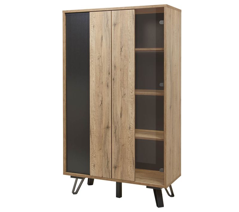 Vitrine 2 Portes Effet Bois Naturel Et Noir Avec LEDs - Carson