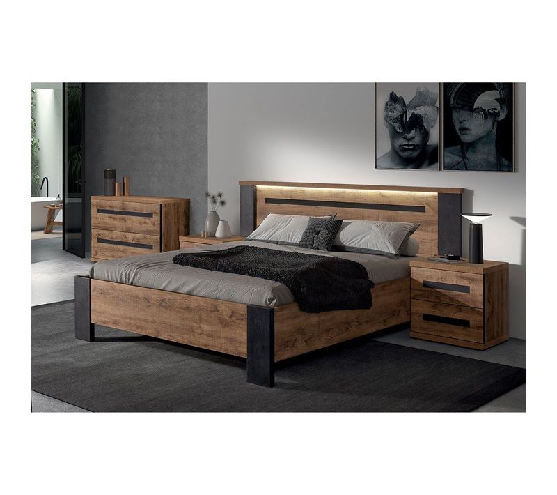 Chambre 140x190cm + Chevets + Commode Effet Bois - Candas