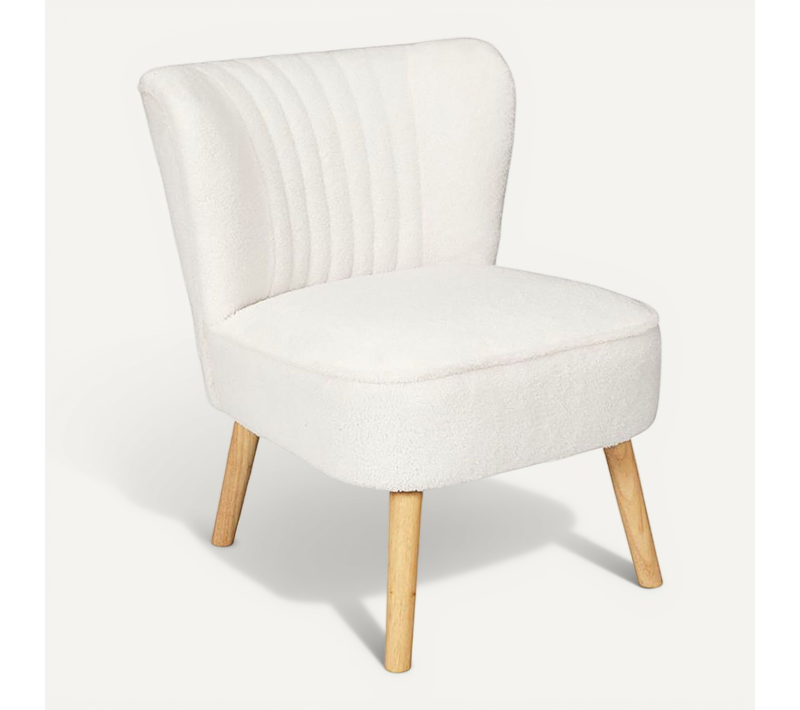 Kelios - Fauteuil En Tissu Bouclettes Blanc Pieds Bois Naturel