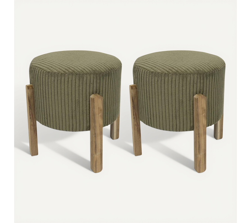 Lot De 2 Tabourets En Velours Côtelé Coloris Vert Pieds En Acacia - Amory