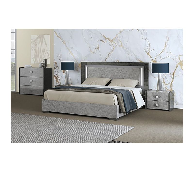 Chambre 140x190cm Gris Effet Pierre Avec LEDs - Hyde