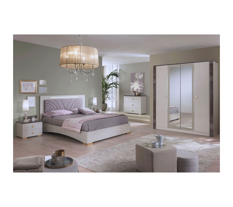 Chambre Complète 160x200cm Crème Et Bronze + LEDs - Panaca