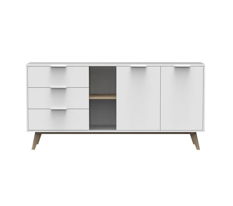 Buffet 165cm 2 Portes 3 Tiroirs Scandinave Mdf Et Pin Massif Naturel Et Blanc - Blajk