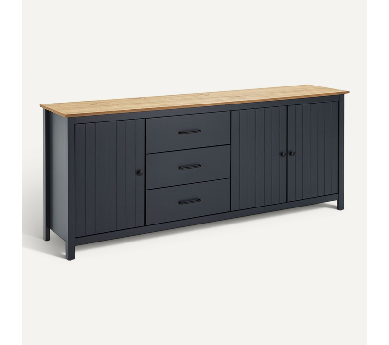 Buffet Bas 3 Portes 3 Tiroirs Bois Ciré Et Bleu Pétrole - Tina