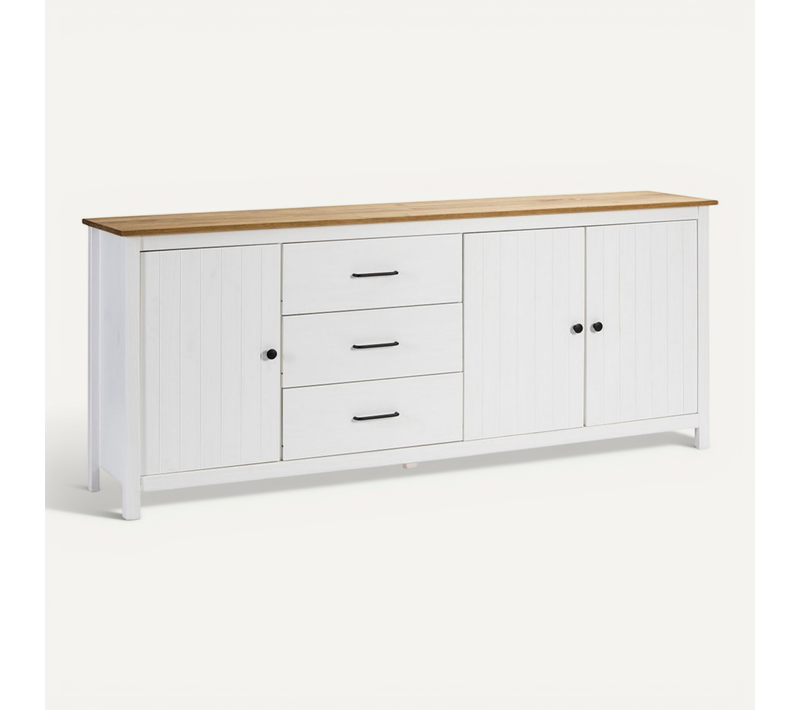 Buffet Bas 3 Portes 3 Tiroirs Bois Ciré Et Blanc - Tina