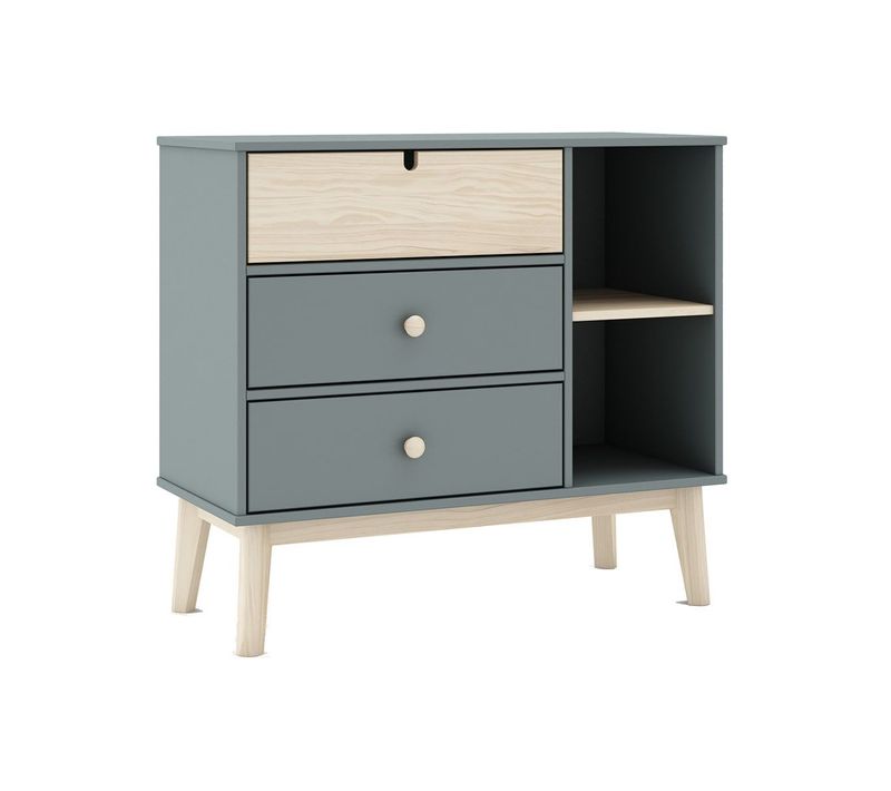 Commode 3 Tiroirs 2 Niches Mdf Et Pin Coloris Gris Vert Et Naturel - Kaina