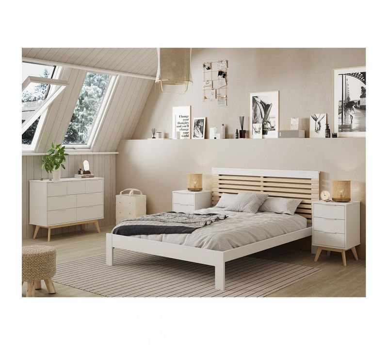 Chambre 140x190cm Avec Commode 7 Tiroirs Pin Naturel Et Blanc Scandinave - Laupell