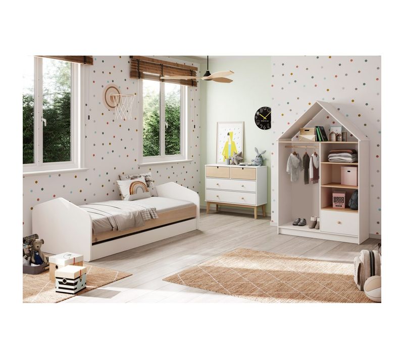 Chambre 90x200cm Avec Commode 4t Et Dressing Cabane Coloris Blanc Et Naturel - Kaina