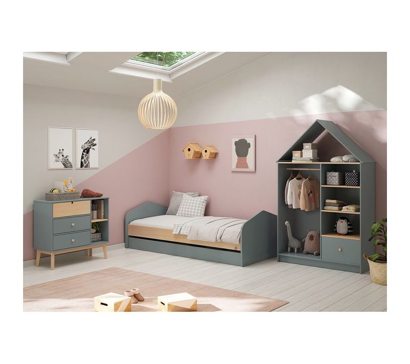 Chambre 90x200cm Avec Commode 3t Et Dressing Cabane Coloris Gris Et Naturel - Kaina