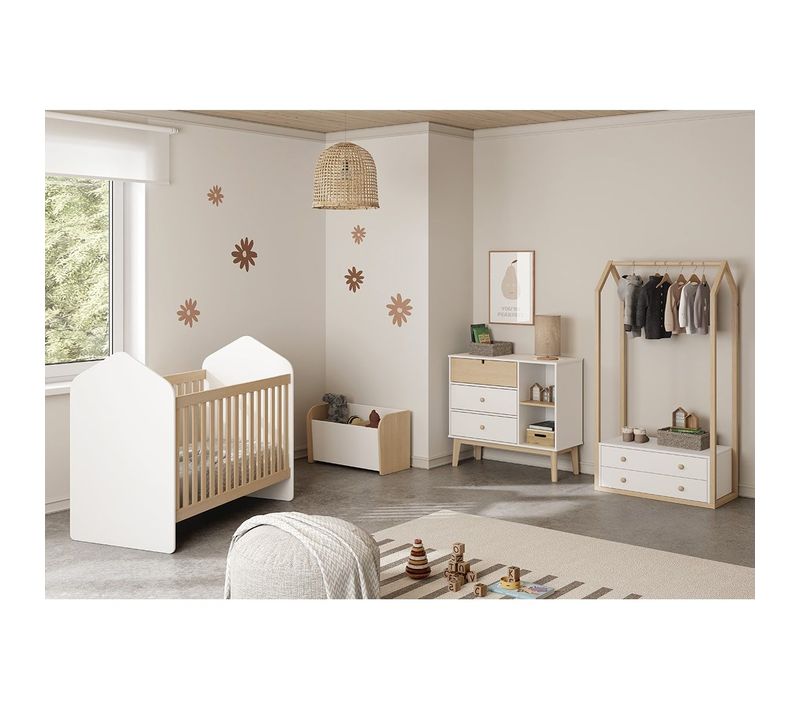 Chambre Bébé 60x120cm Complète + Coffre à Jouets Coloris Blanc Et Naturel - Kaina