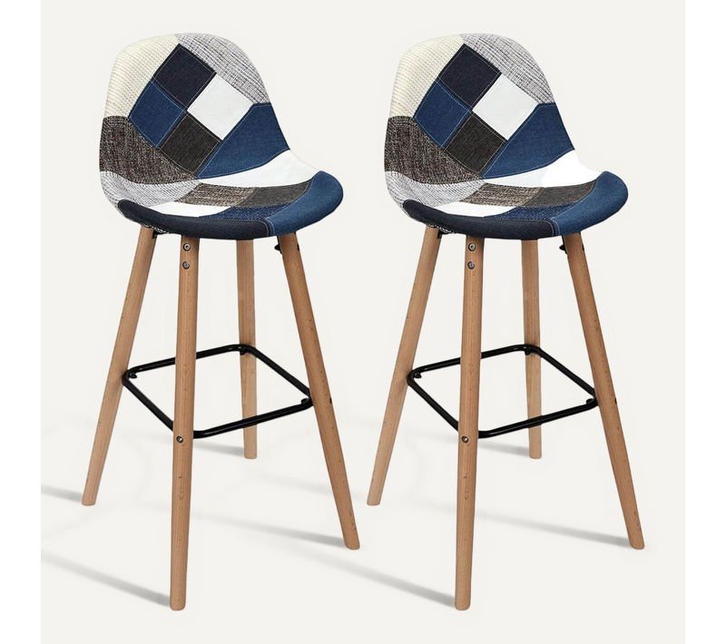 Damas - Lot De 2 Tabourets Patchwork Bleu Et Gris