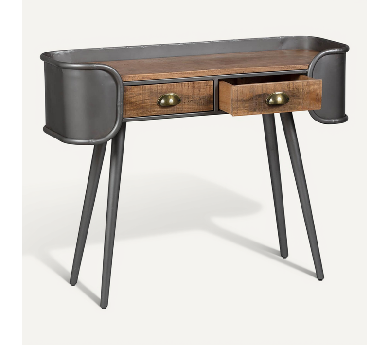 Palisso - Console 2 Tiroirs Bois Et Acier Patiné
