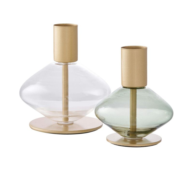 Bougeoir En Verre Et Métal Doré (lot De 2) - Design Arrondi, Transparent/vert