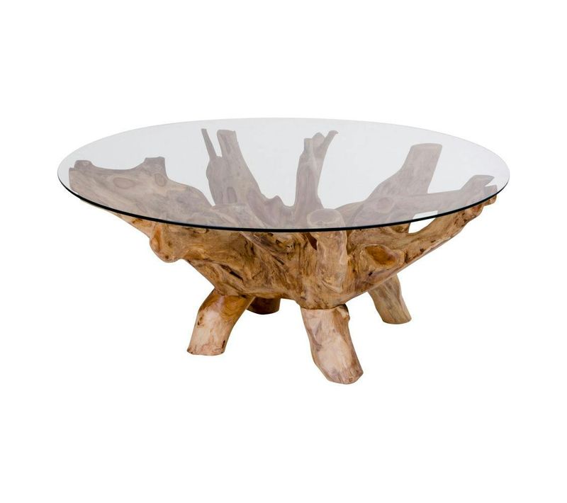 Table Basse Ronde En Racine De Teck D.110 Cm - Plateau Verre Arizona