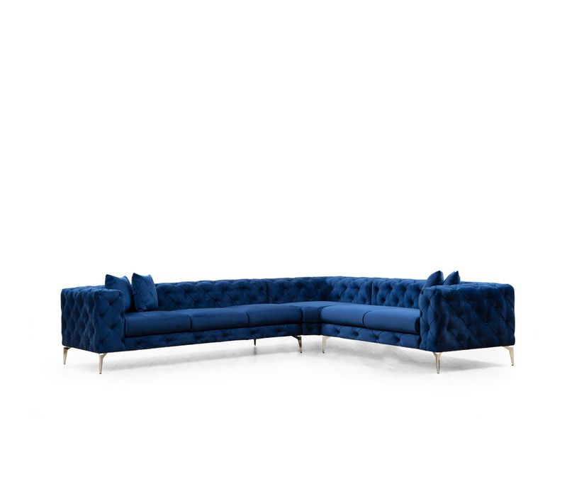Canapé D'angle Bleu Nuit En Velours Capitonné - Côté Droit Dover