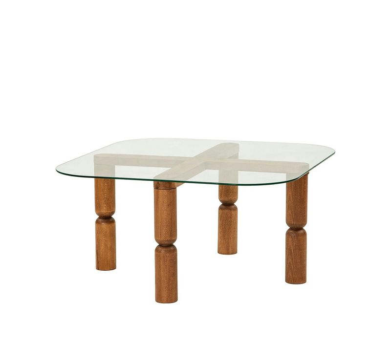 Table Basse Carrée En Verre - Pieds Bois Marron Sculpté Boma
