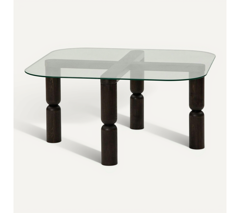 Table Basse Carrée En Verre - Pieds Bois Sculpté Boma