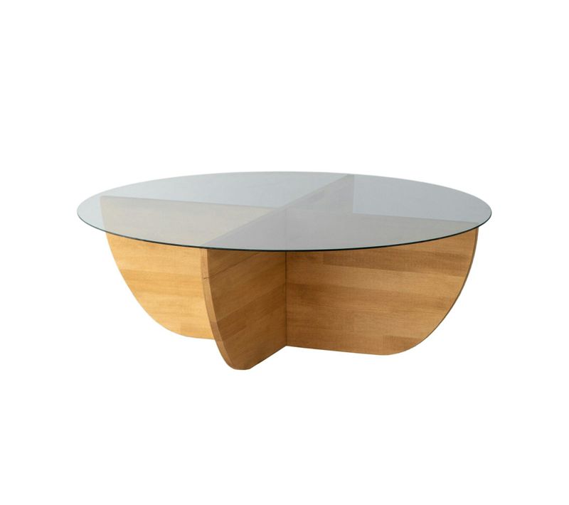 Table Basse Verre Fumé – Pied Croix Bois Clair, 90 Cm Anzio