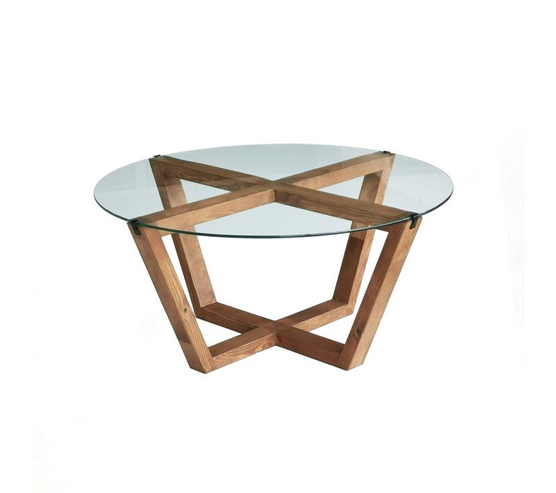 Table Basse Ronde Verre Et Bois Brun  - Pieds Croisés Anzio
