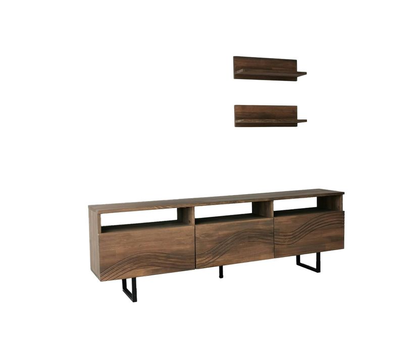 Meuble TV Bois Brun Motif Vague Avec 2 étagères Jaca