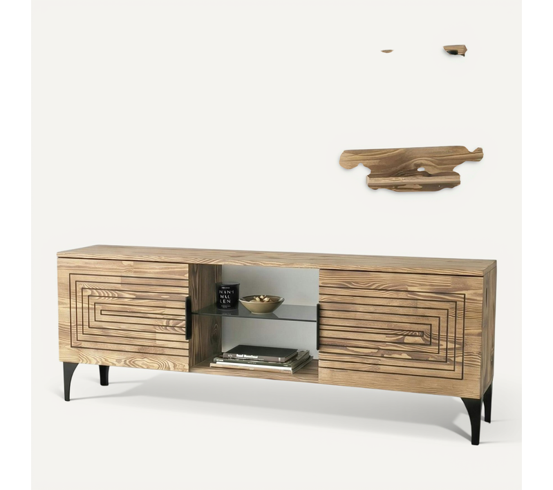 Meuble TV Bois Clair Sculpté - 2 étagères Assorties Lecce