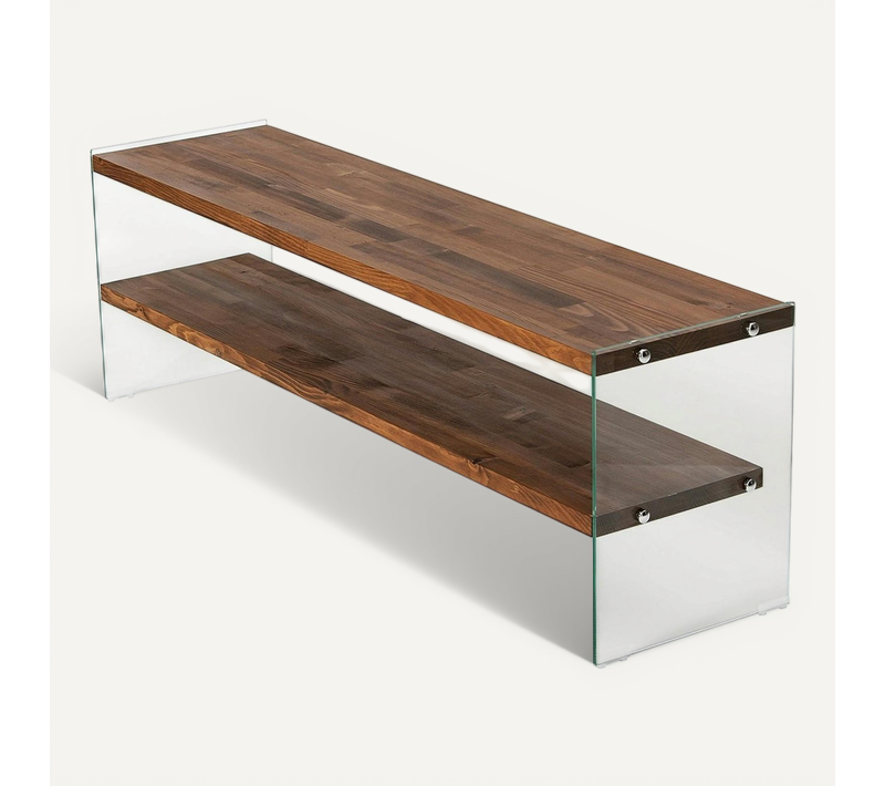Banc TV En Bois Brun Et Verre - 2 Niveaux, 140 Cm Lhasa