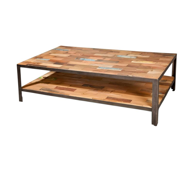 Table Basse Rectangulaire Double Plateaux Bois Recyclée 120x70x35cm Caravelle