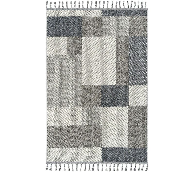 Tapis De Salon Gris Et Bleu – Motifs Carrés, 120x180 Cm Istanbul