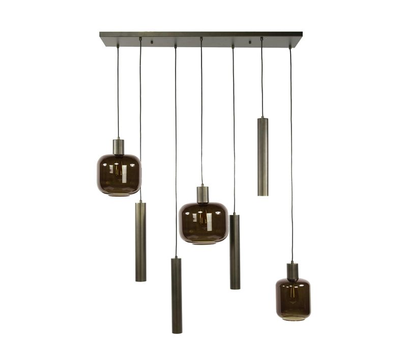Suspension Verre et Métal – Globes Bruns + Tubes Bronze Nova