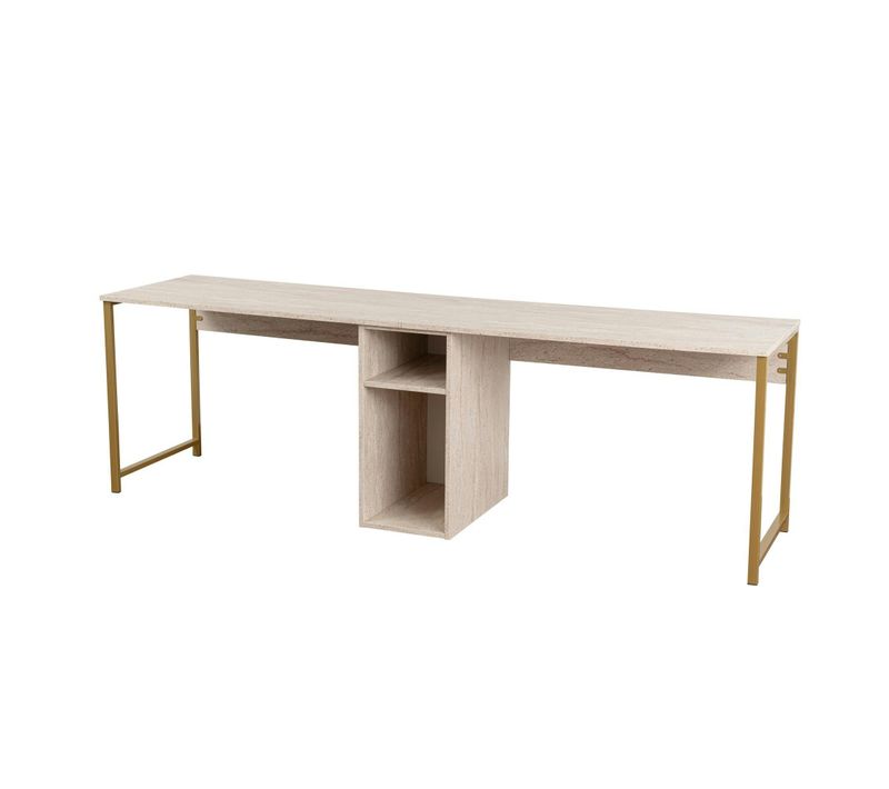 Bureau Double Avec Rangement Central - Plateau Effet Travertin Marfa
