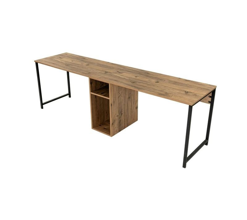 Bureau Double Avec Rangement Central - Plateau Effet Pin Marfa